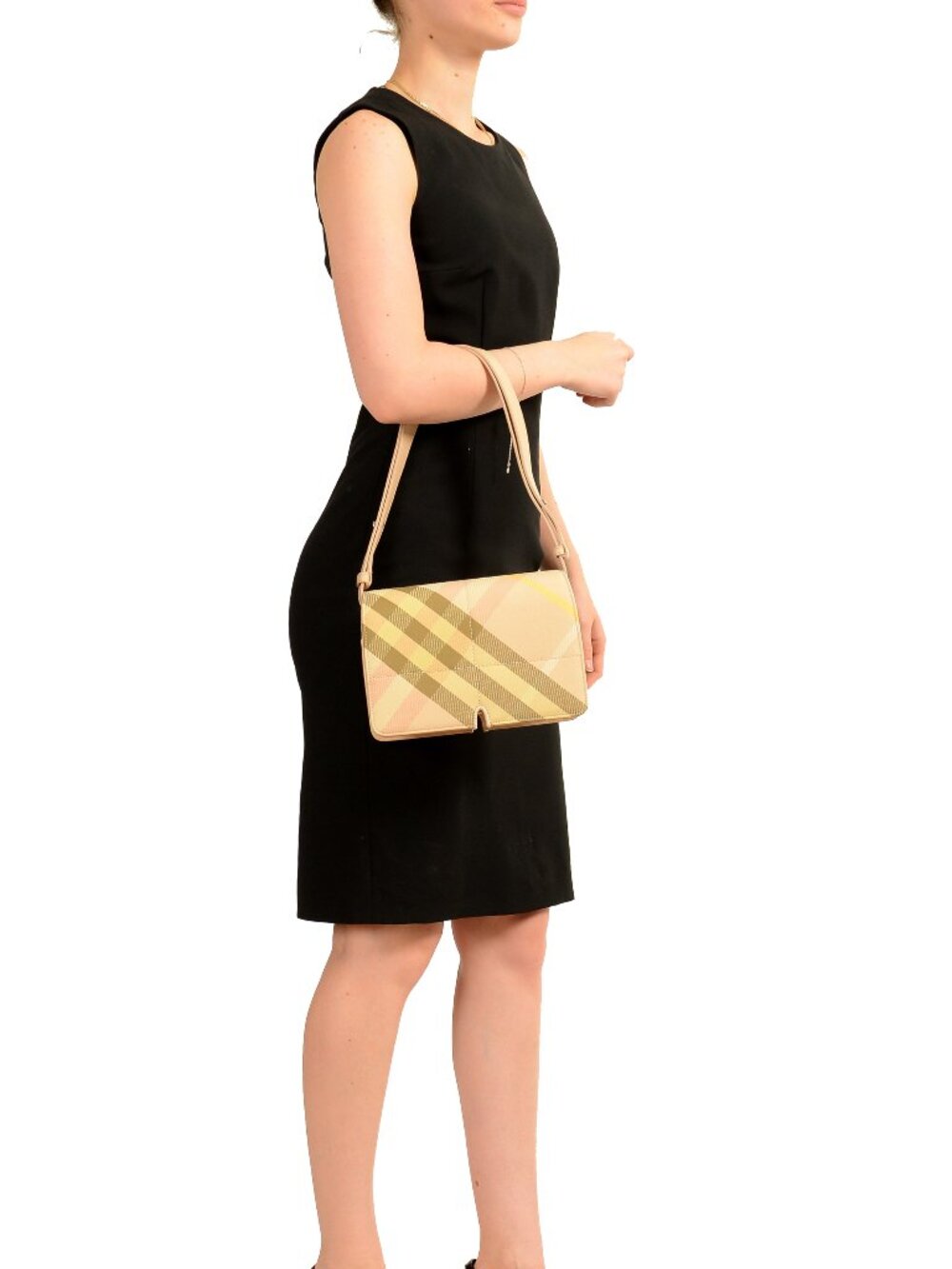 Burberry "Mn Knit Tote" Leather & Canvas Lichen Plaid Handbag Shoulder Bag - Picture 7 of 7